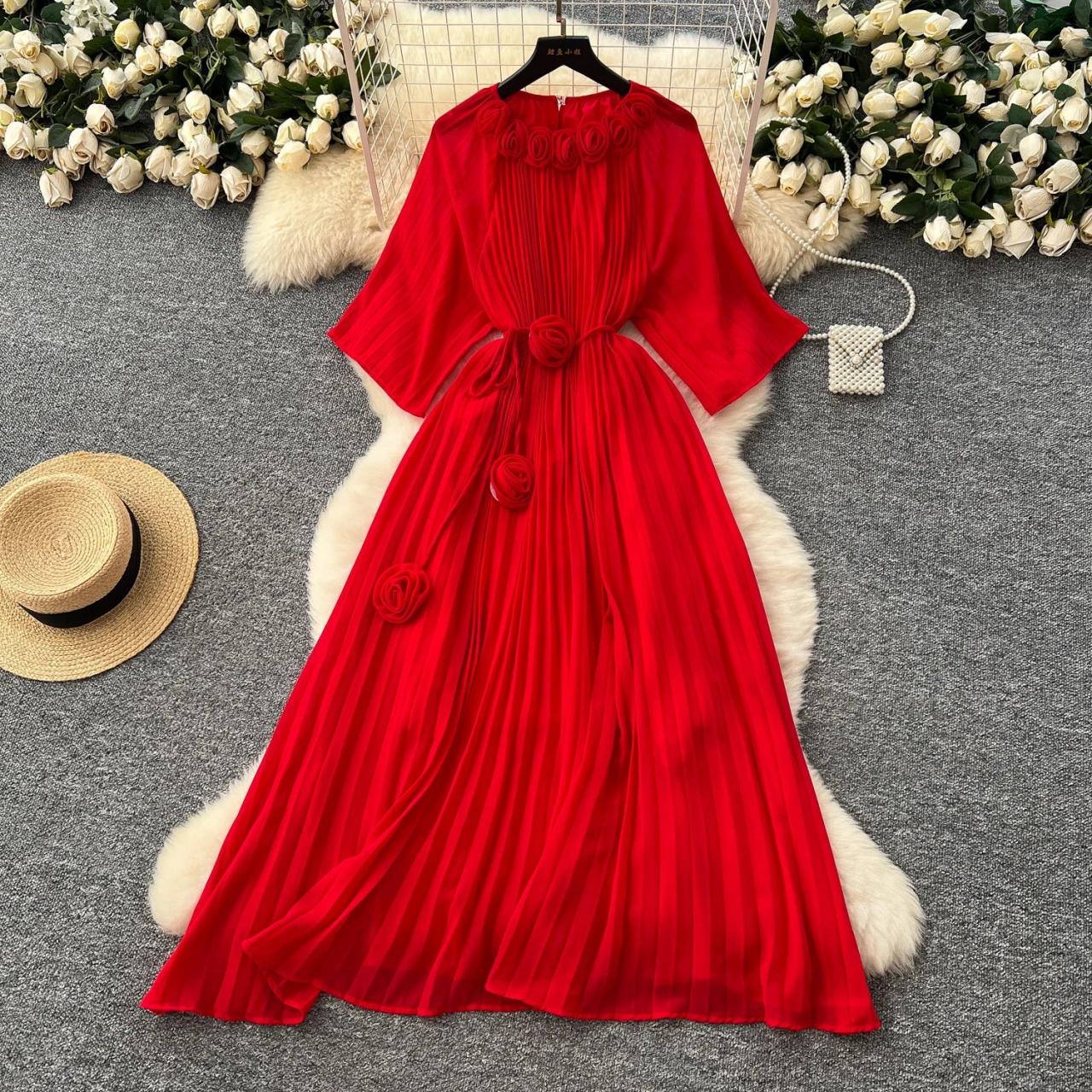 Flowing Red Gown With Floral Accents Belt