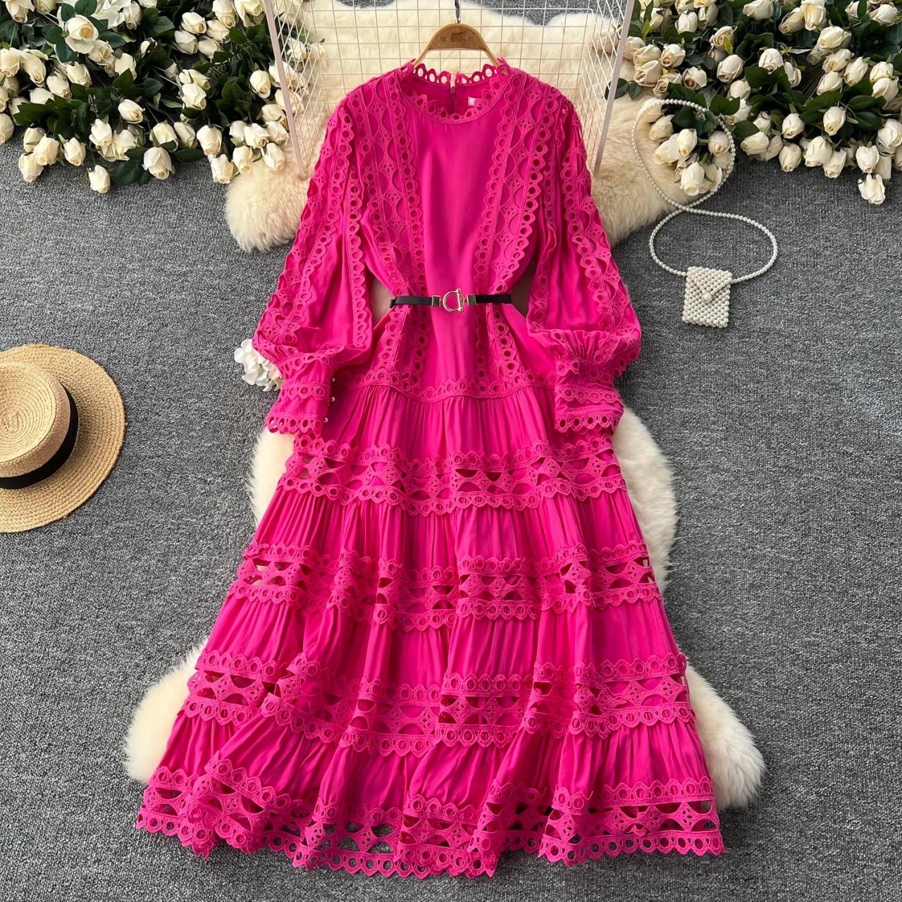 Luxurious Pink Lace Dress With Belted Waist