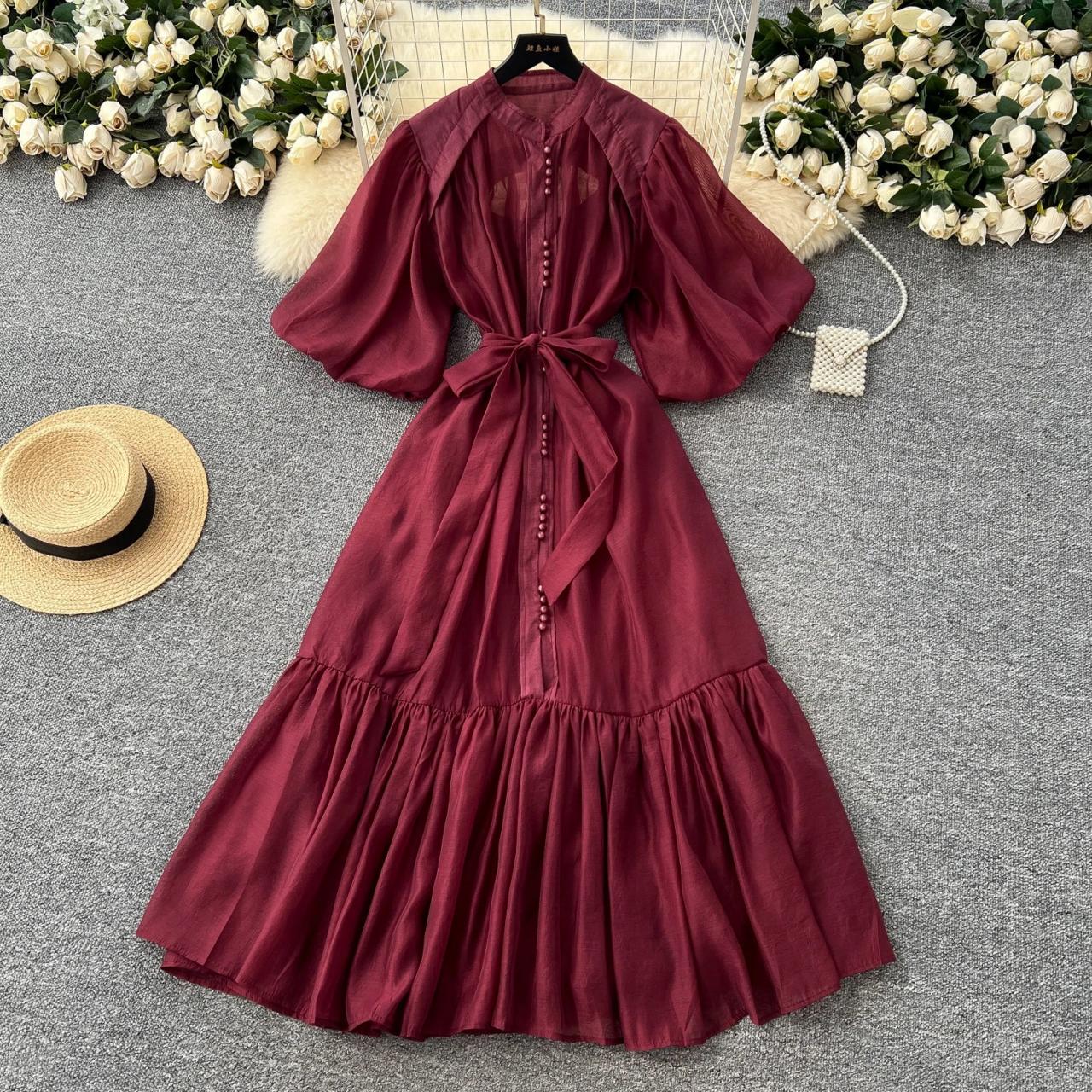 burgundy belt dress Fit and flare burgundy wool dress women 4545 – Xiaolizi main image 0
