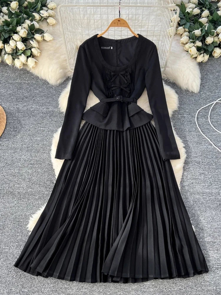 open lace back dress Black Long Sleeve Contrast Chiffon Midi Dress main image 0