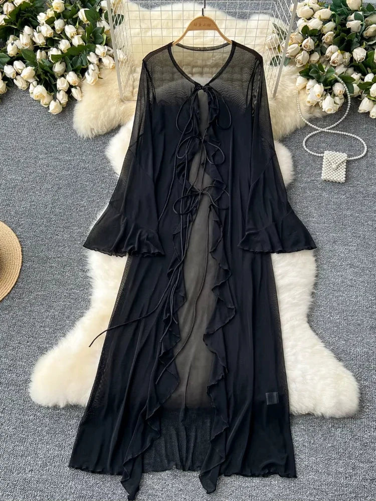 Sheer Black Ruffle Cover-up Beach Dress
