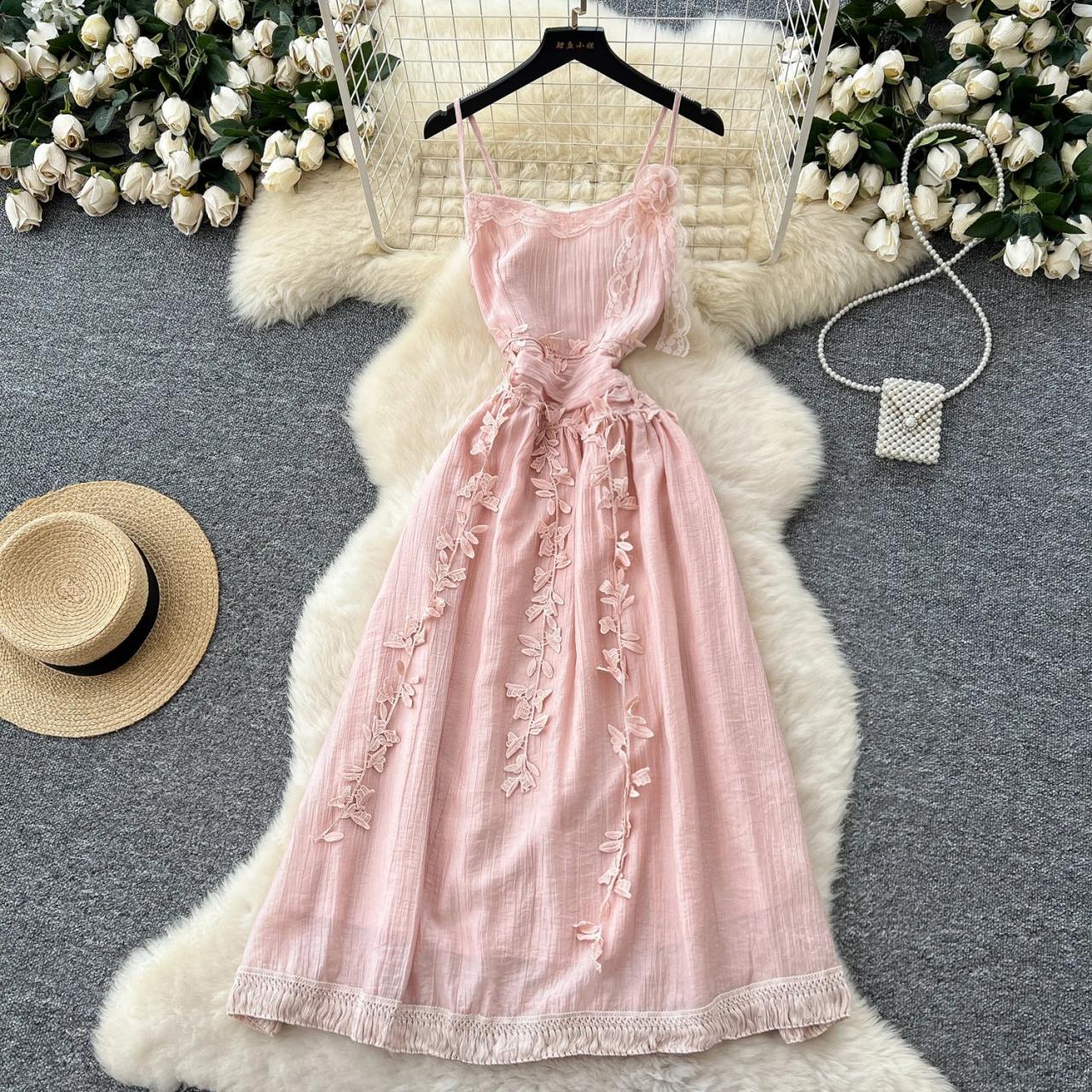 Floral Embroidered Pink Summer Dress With Belt on Luulla