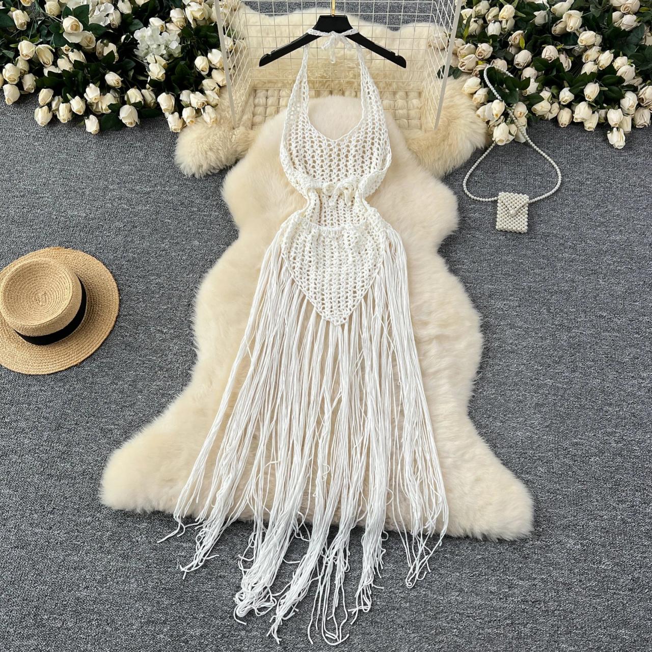 white crochet dress with fringe ASOS DESIGN knit open crochet stitch midi dress with fringe hem in white