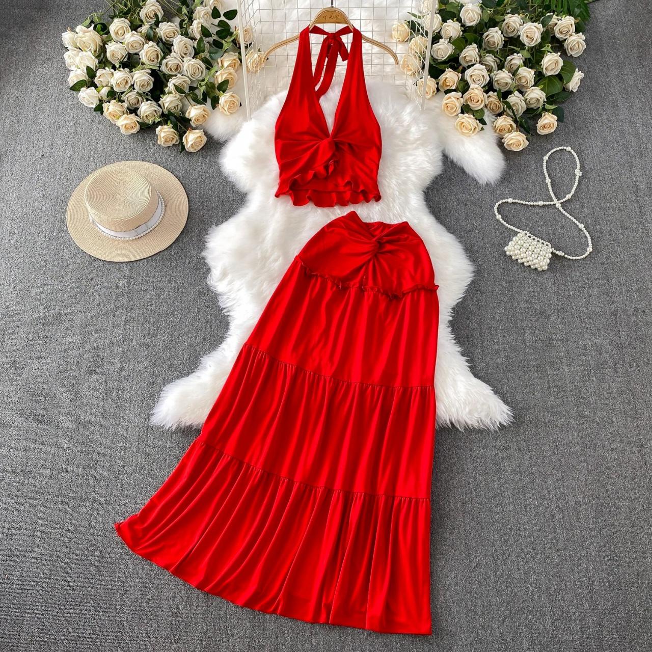 Red Halter Top Maxi Skirt Two-piece Outfit on Luulla