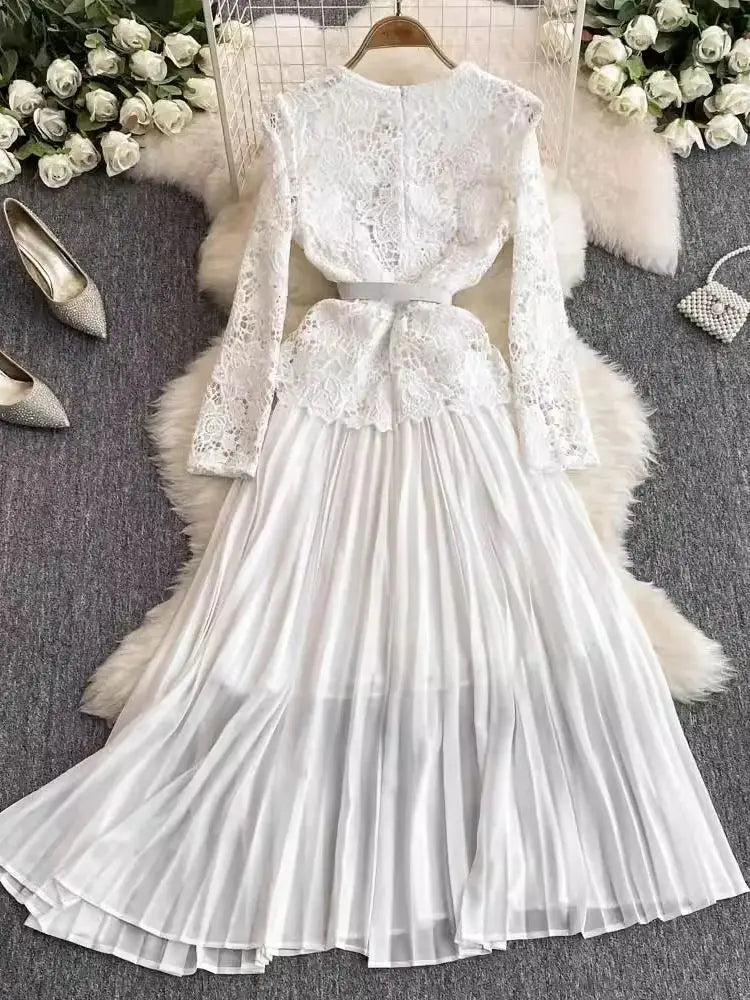 White Lace Peplum Dress with Pleated Skirt