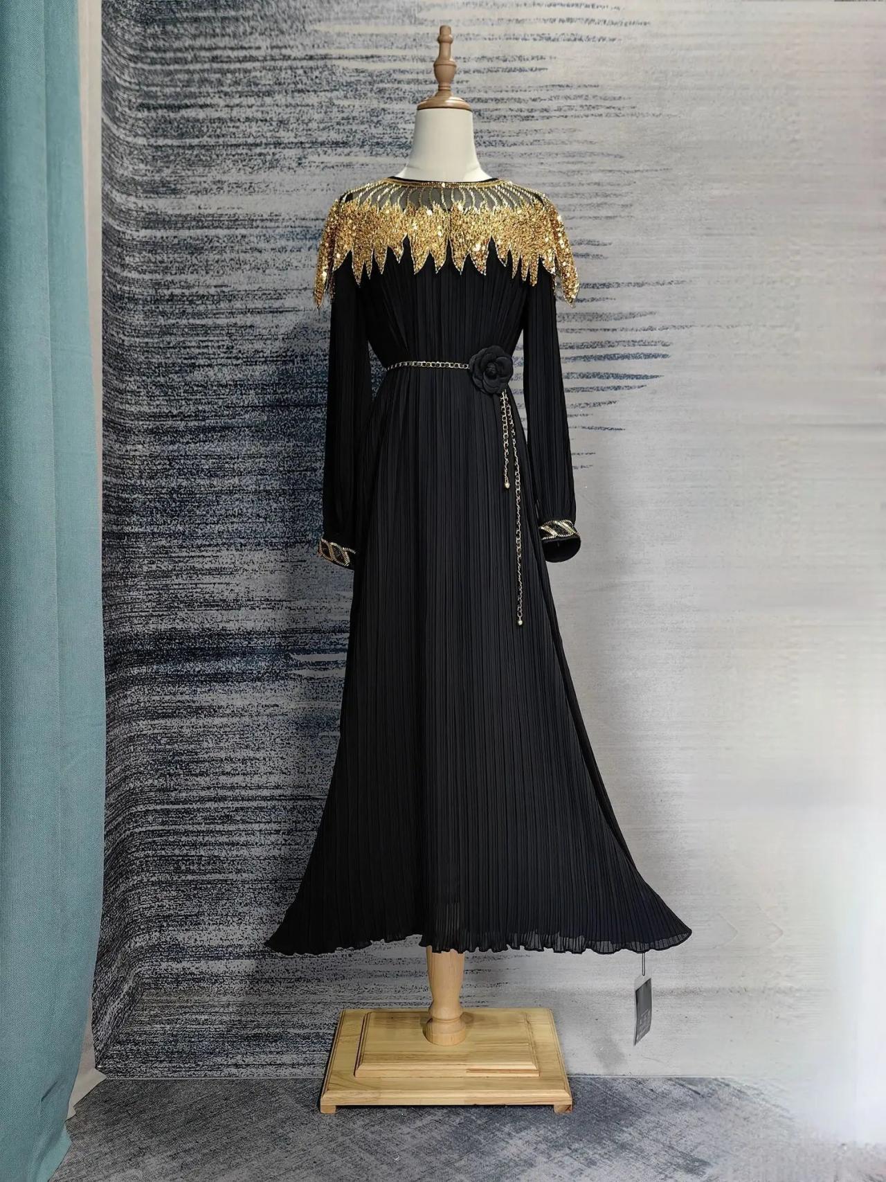 Gold Lace Trim Long Pleated Black Gown