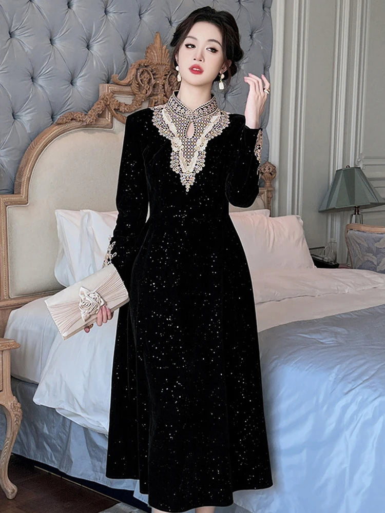 black velvet and pearl dress Black One Shoulder Mermaid Long Sleeves Satin Evening Dresses with Bea –  BIZTUNNEL main image 0
