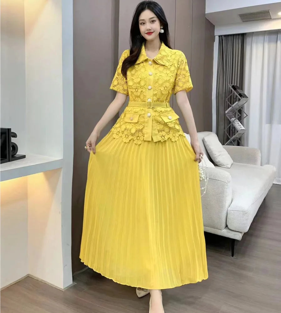 Yellow Lace Button-up Dress With Pockets