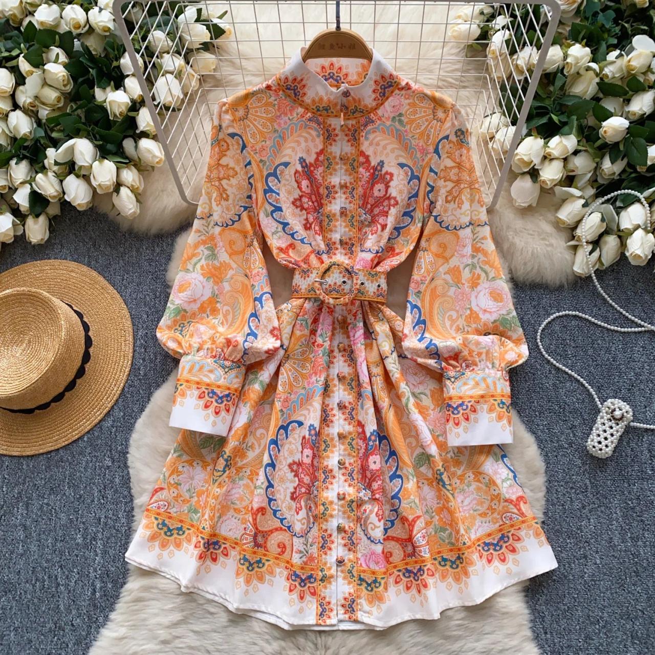 Bohemian Floral Belted Long Sleeve Mini Dress on Luulla