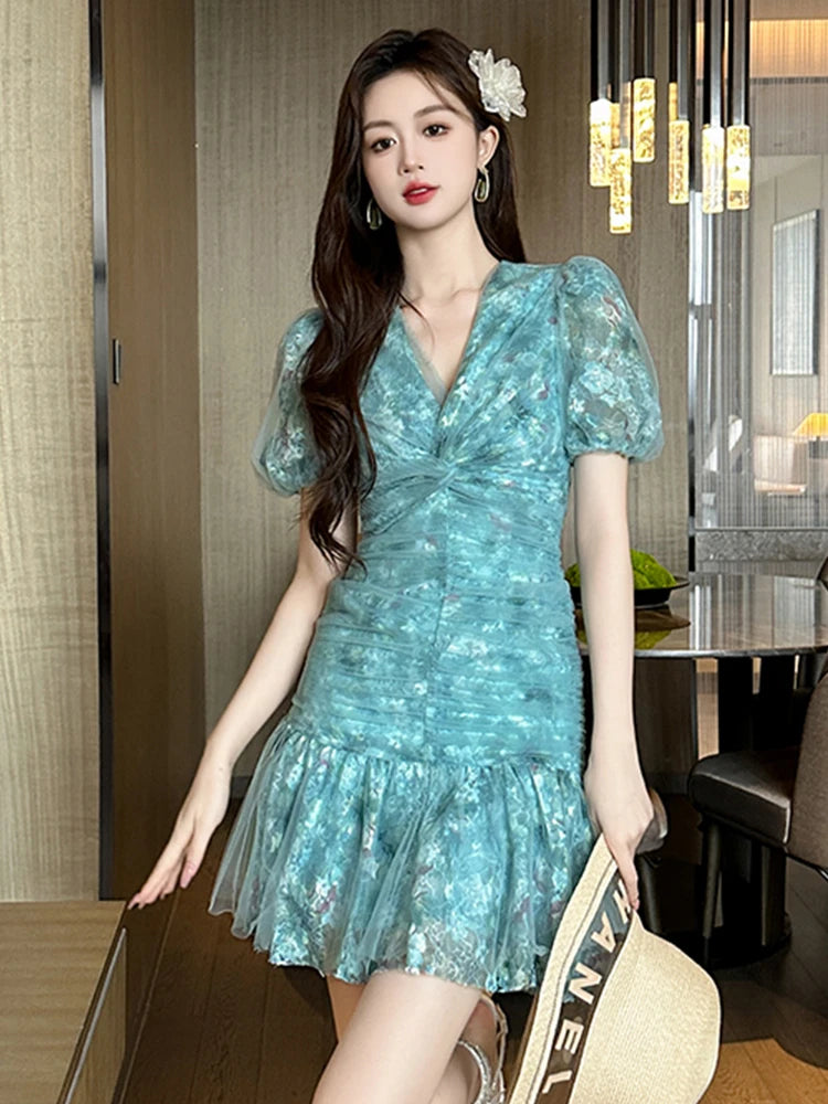sachin and babi light blue dress Elegant Casual Sweet Floral Print Evening Dress Women Clothes Mujer Retro  Puff Sleeve Skinny Par on Luulla