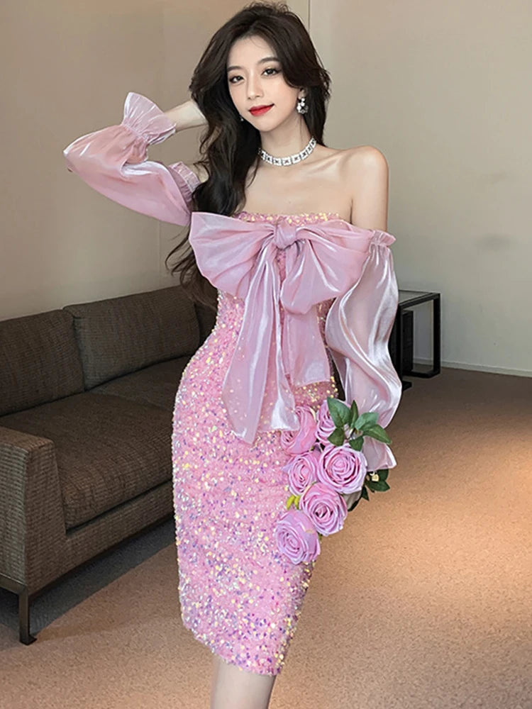 princess polly baby blue dress Spring Autumn Women Evening Dress Chic Pink Sweet Sparkly Sequin Sexy Chest  Wrapping Slim Midi Party on Luulla