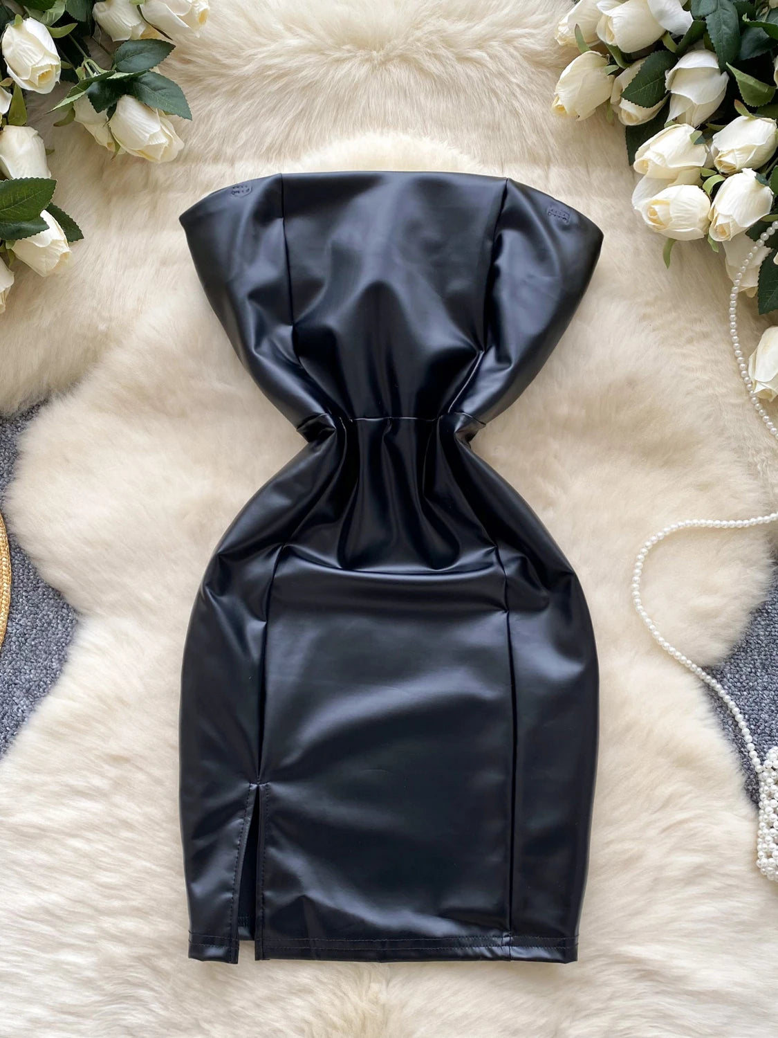 Black Strapless Faux Leather Mini Bodycon Dress