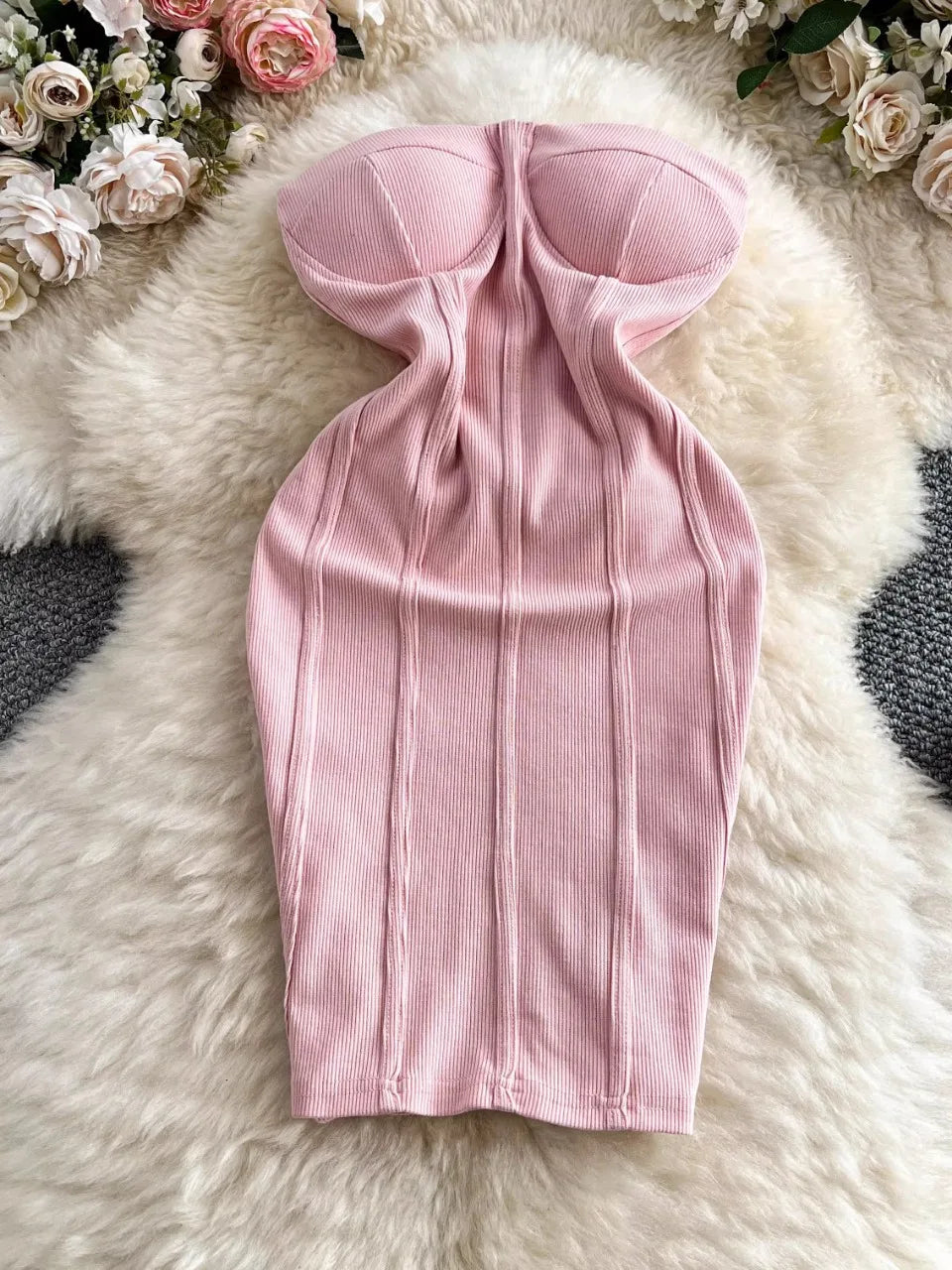 Pink Strapless Ribbed Corset Bodycon Dress on Luulla