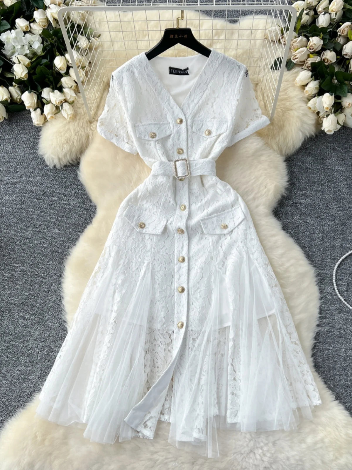 white lace dress with pockets Bohemian Ivory Lace Wedding Dress: Empire Waist Maxi Gown with Pockets
