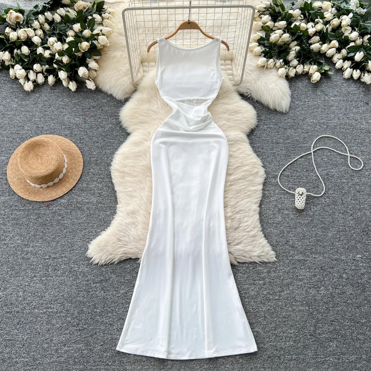 white satin cutout dress Sleeveless White Satin Maxi Dress With Cutout