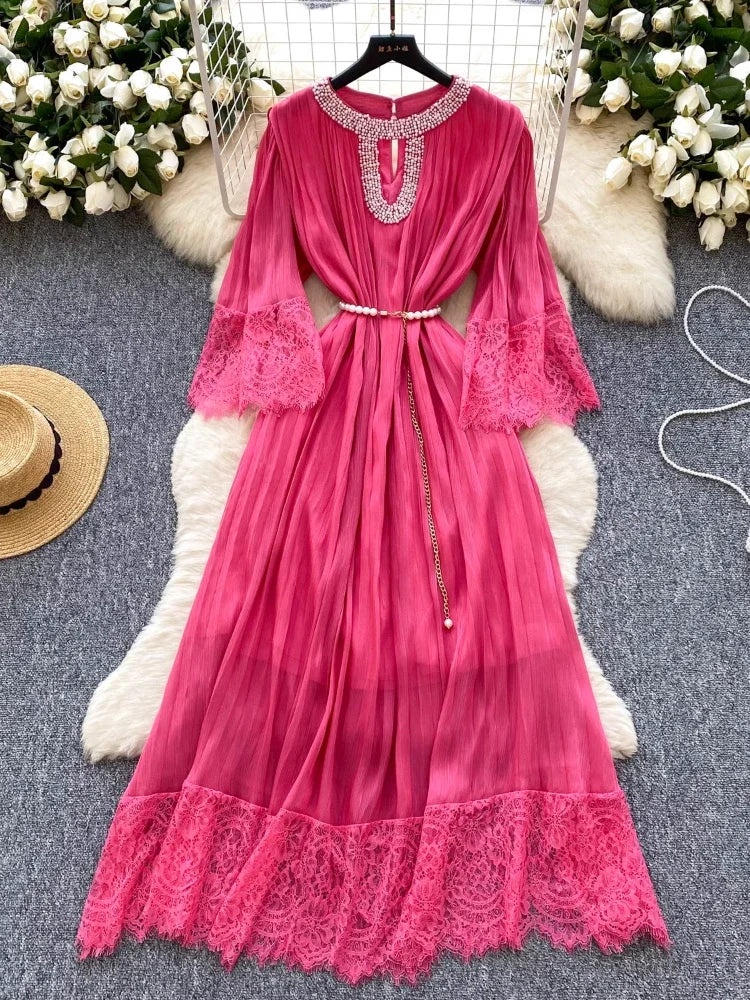 Pink Lace Maxi Dress With Flared Sleeves