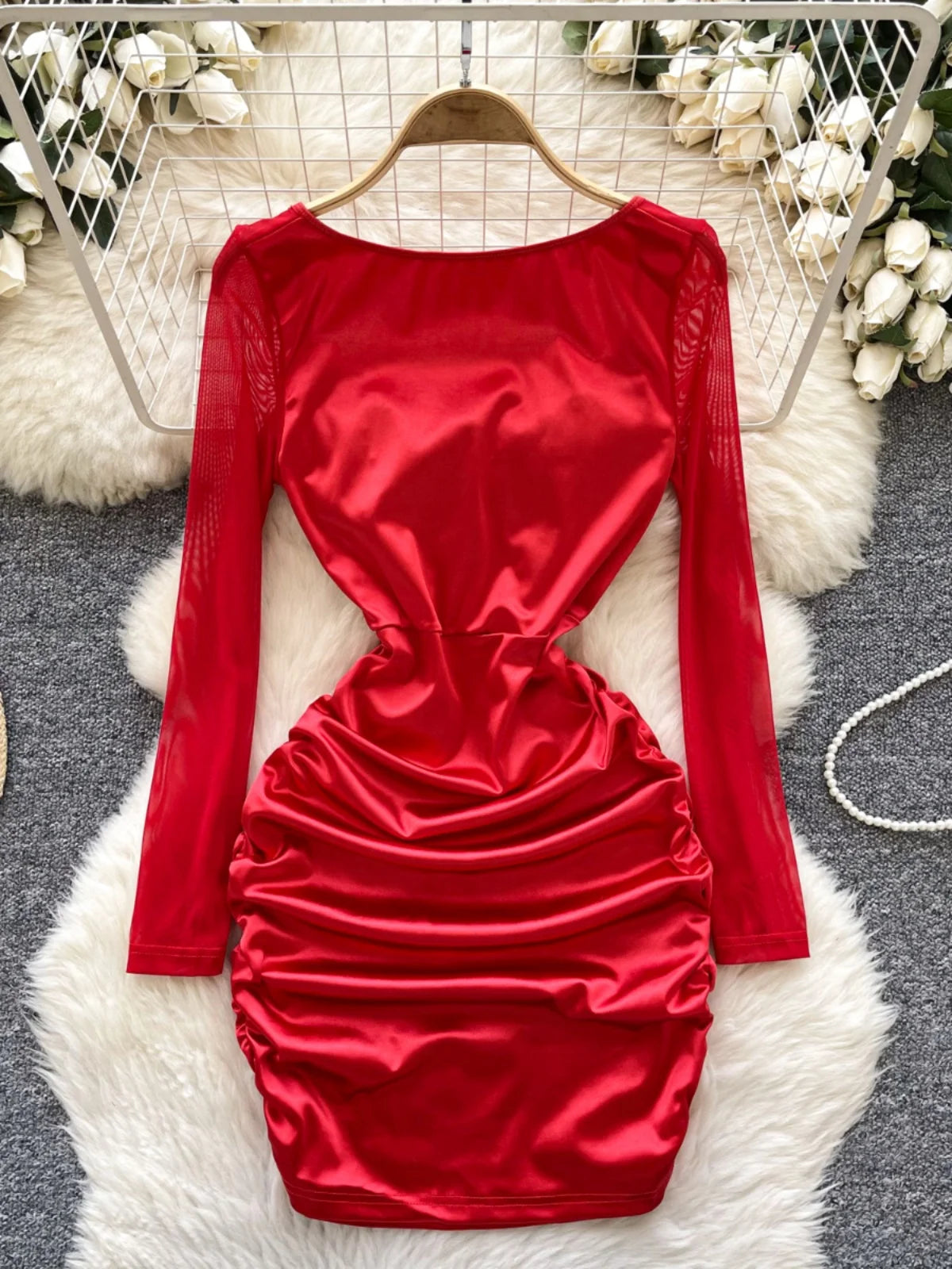 red lace bodycon dress long sleeve Ruched while the long sleeves W492025TuesDay From the Great Hall Color:Burgundy & Modern Red Stripe