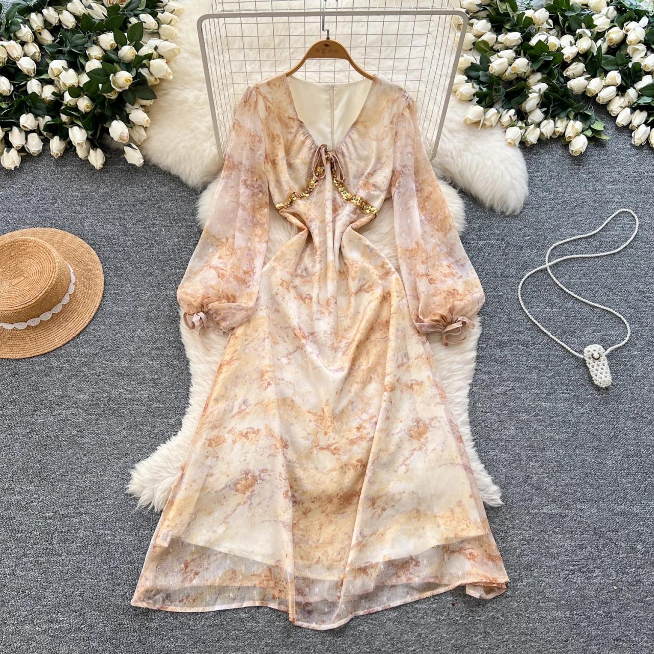 Vintage Floral Long Sleeve A-line Chiffon Dress on Luulla