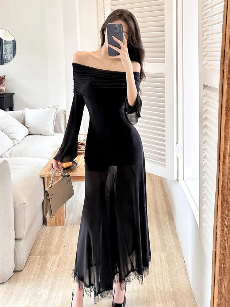 black flowy off the shoulder dress Black Off-Shoulder Satin Bow Maxi Dress Rental | Stylish & Flowy Dress  Rental main image 1