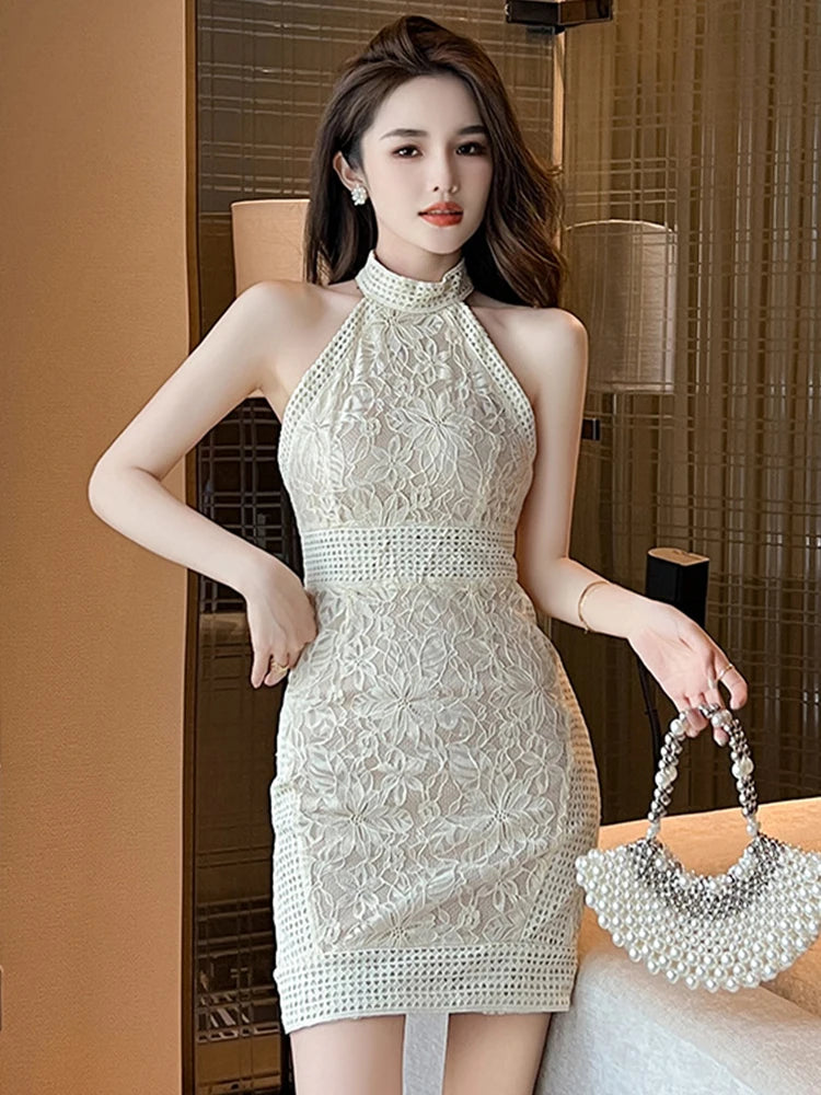 sachin and babi light blue dress Halter Neck Lace Bodycon Dress With Embroidery on Luulla
