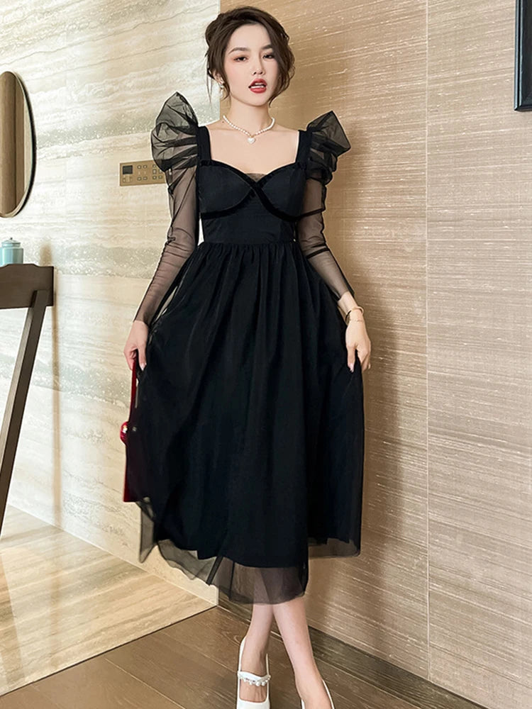 Black Tulle Puff Sleeve Womens Evening Dress on Luulla