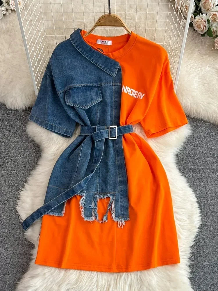 Orange Denim Belted Patchwork Asymmetric Dress on Luulla