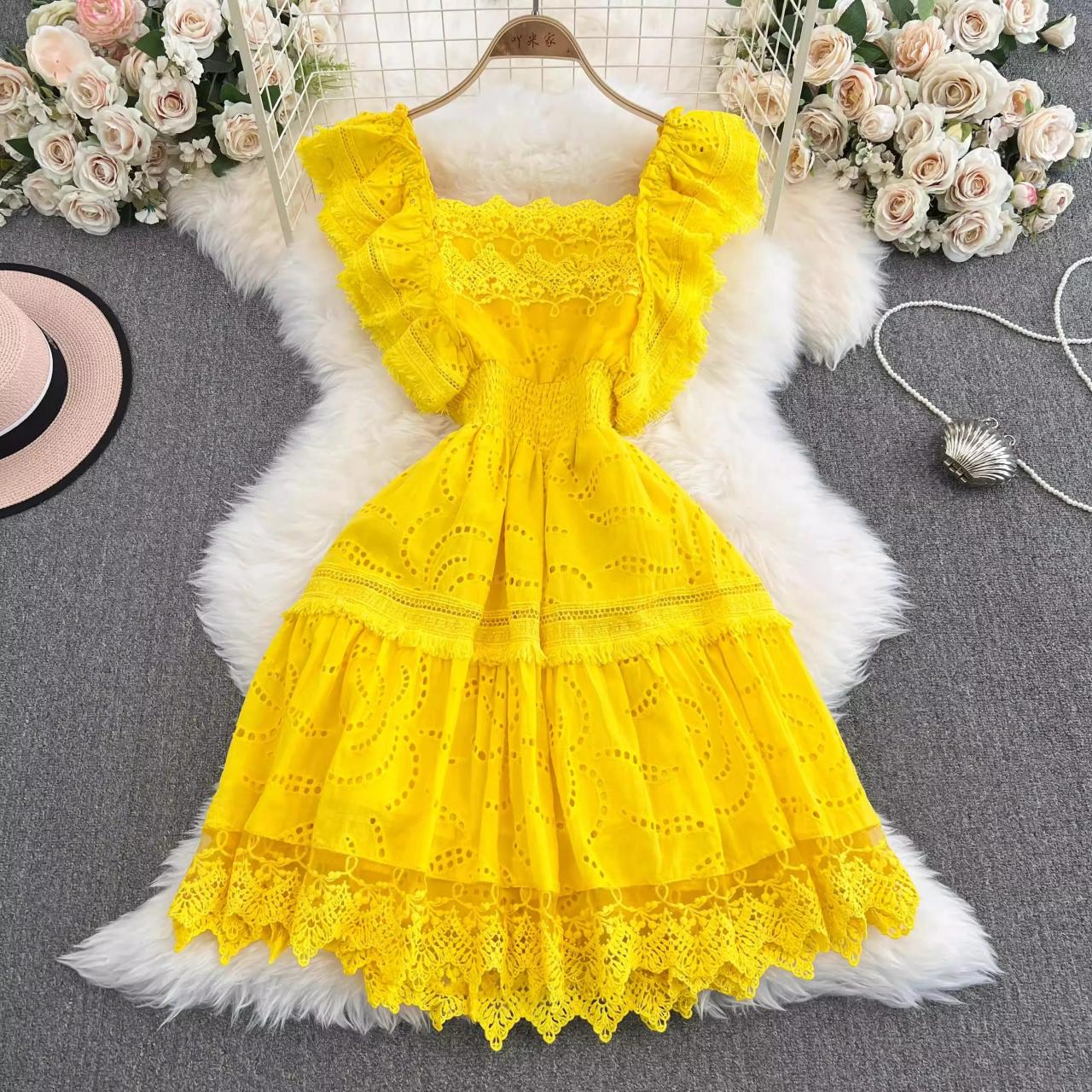 Vibrant Yellow Lace Ruffled Sleeveless Summer Dress
