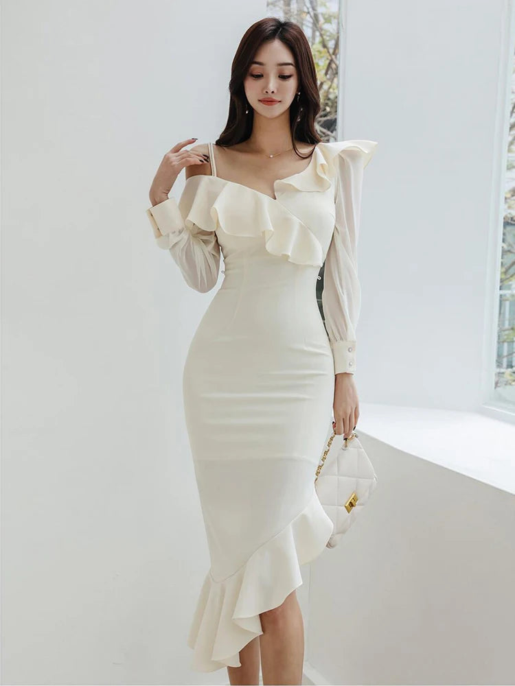 asymmetrical white midi dress Satin V-Neck Lace Trim Asymmetrical Midi Dress – Charlotte Russe main image 1