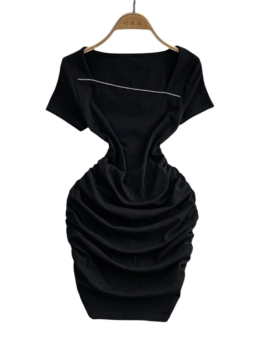 black ruched dress short sleeve Women's Black Mesh Overlay Ruched Short Sleeve Mini Dress