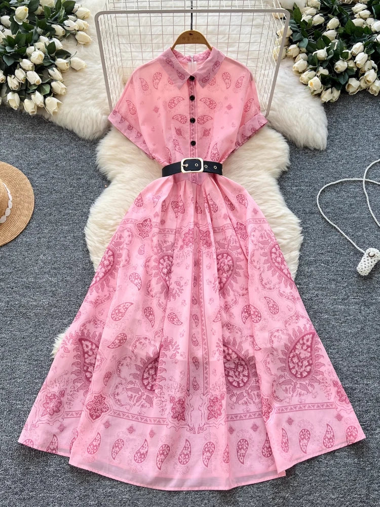 Pink Paisley Belted Button-down Midi Dress