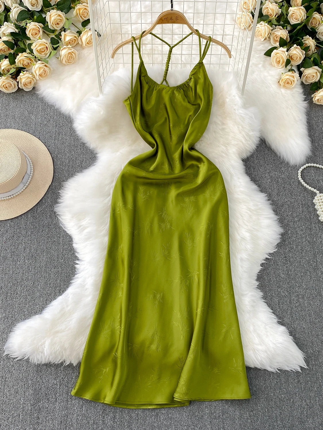 Satin Green Backless Dress With Adjustable Straps