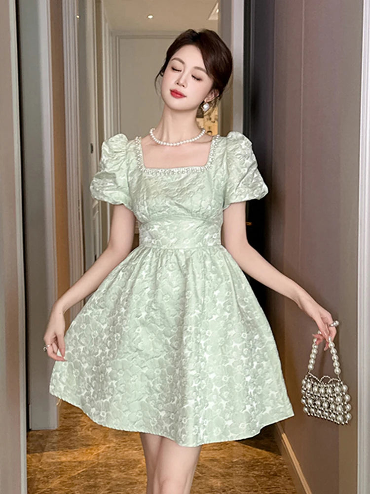 Square Neck Puff Sleeve Lace Party Dress on Luulla