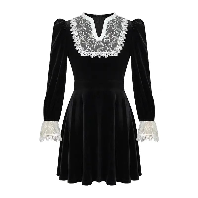 Velvet Dress With Lace Collar And Cuffs on Luulla