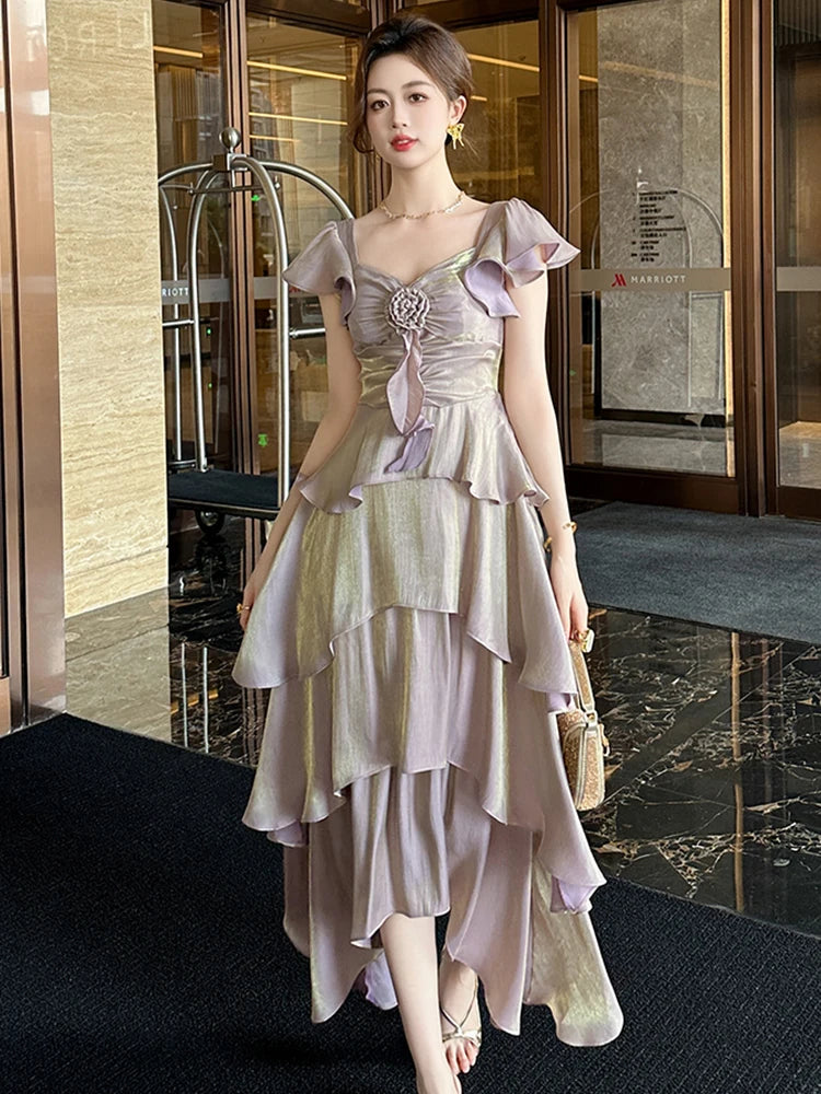 Layered Ruffle Evening Dress With Floral Accent