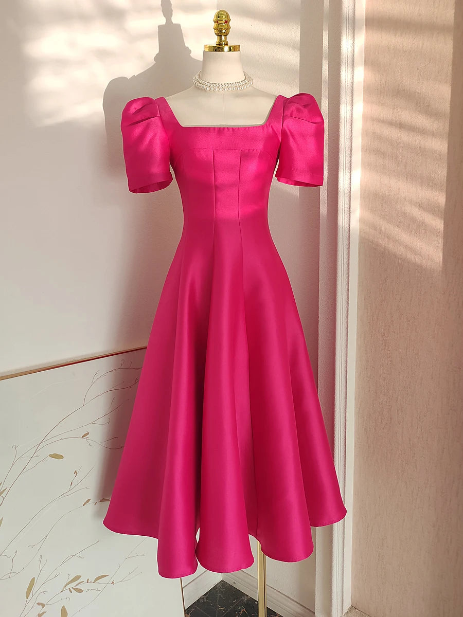 Puff Sleeve Fuchsia Midi Dress With Square on Luulla