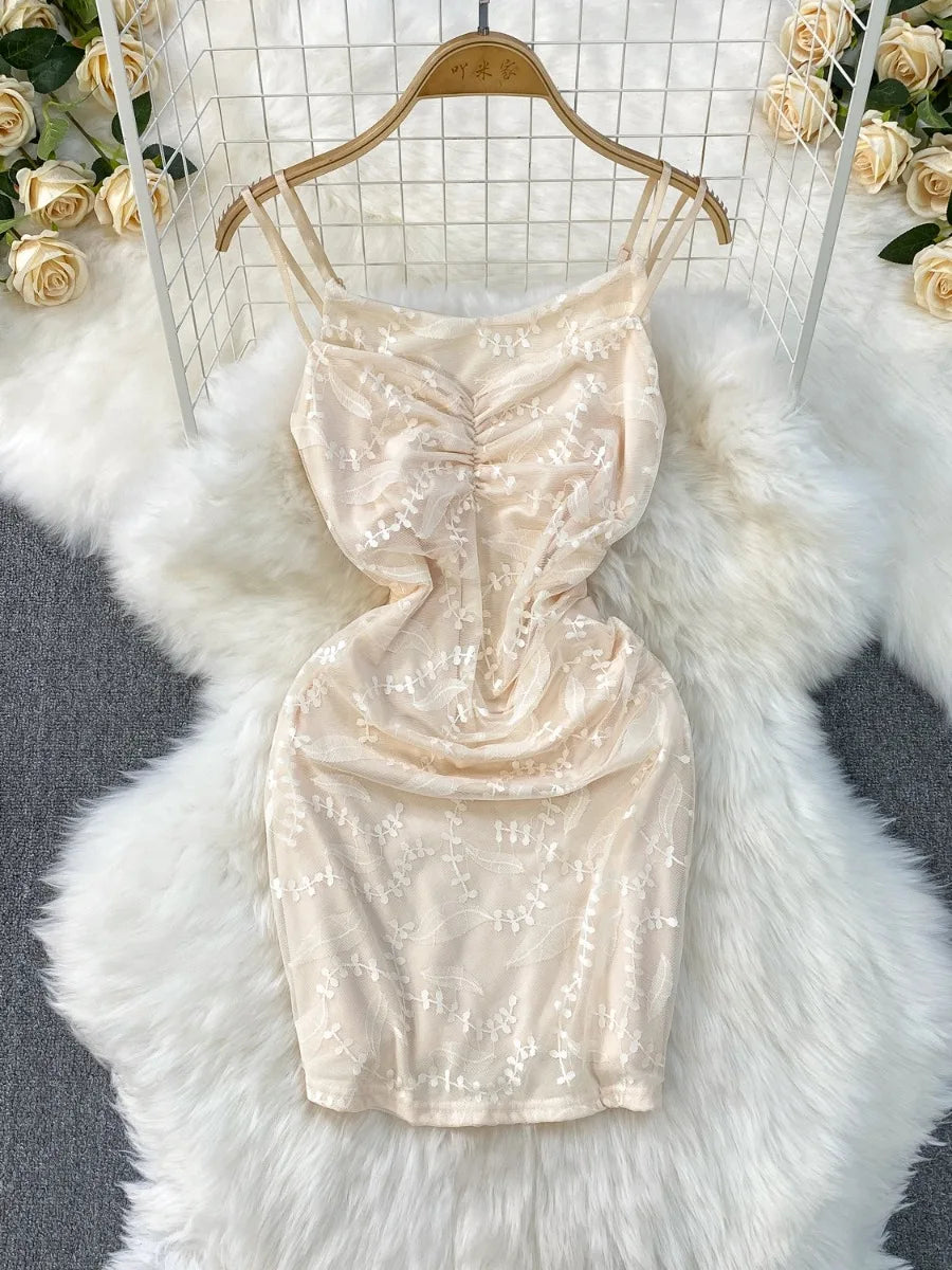 Floral Embroidered Ruched Bodycon Beige Spaghetti Dress