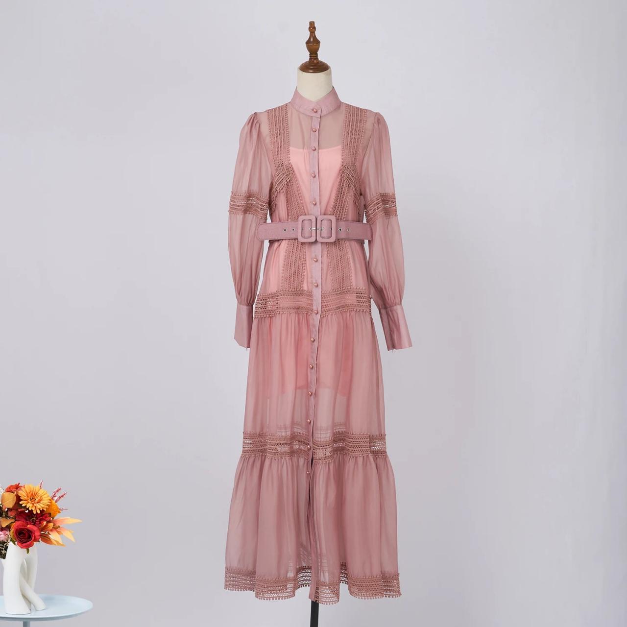 Sheer Pink Long-sleeve Dress With Belted Waist on Luulla