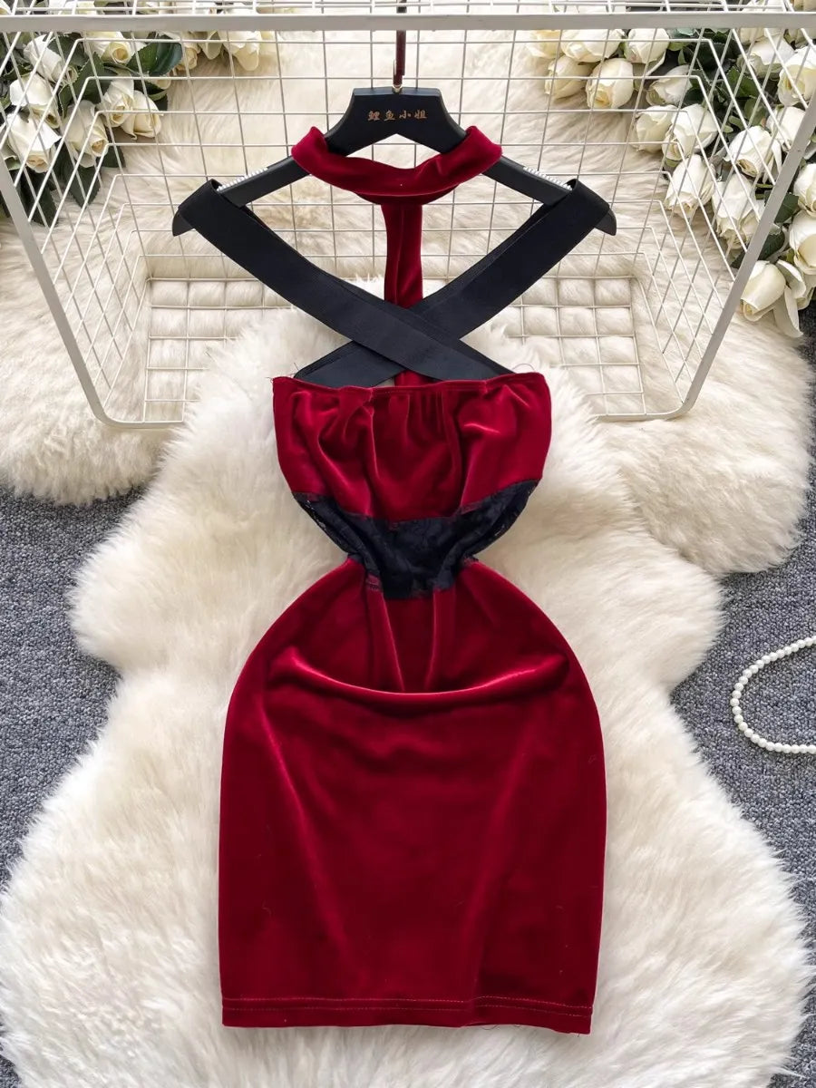 open lace back dress Burgundy Velvet Sequin Halter Neck Maxi Dress – STYLED BY ALX COUTURE main image 1