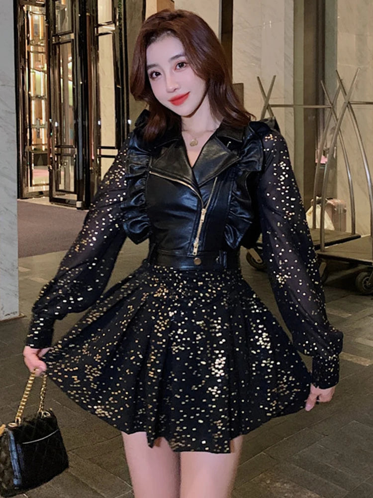 Sparkling Black Leather And Sheer Ruffle Dress
