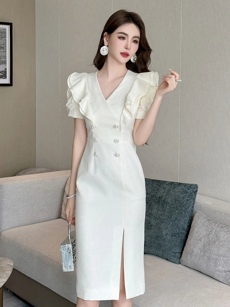 white ruffle sleeve midi dress Cream Ruffle Midi Dress | Trendy Women's Dresses