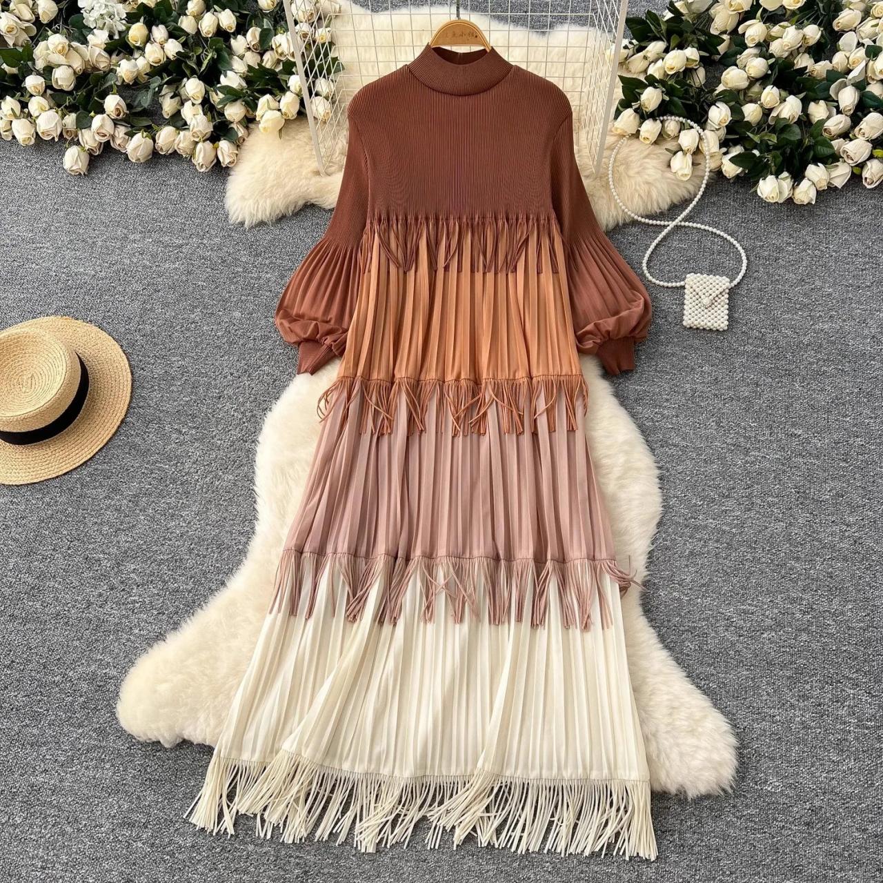 long sleeve fringe maxi dress WOMEN'S LONG SLEEVE V-NECK FRINGE BOTTOM HEM KNIT BODYCON MAXI DRESS White / 3S-1M-1L