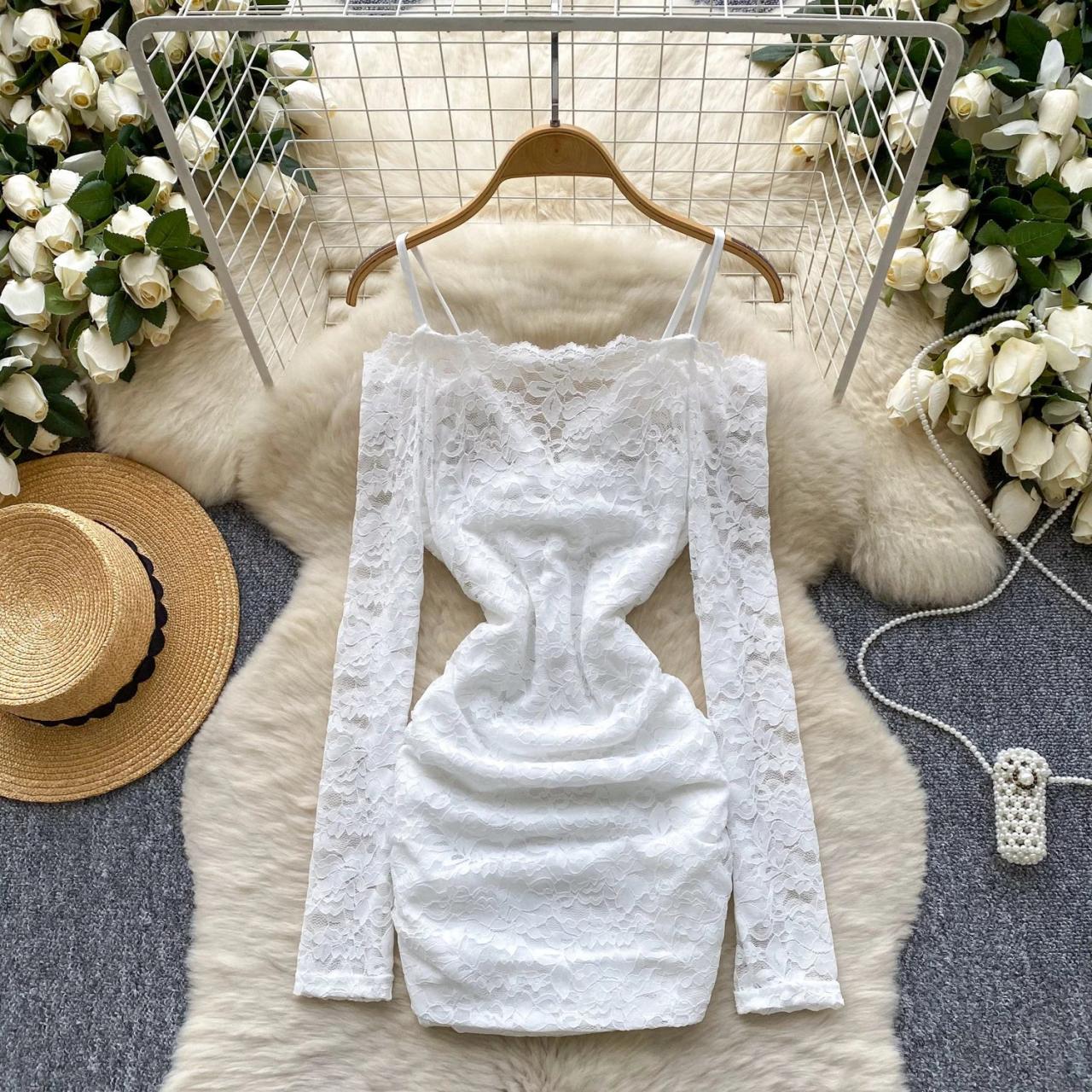 white lace long sleeve bodycon dress Wedding Dress White Lace Top Long Sleeve Bodycon Dress Leely Women Vintage  Ivory Short Lace Boho
