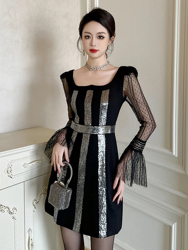 Black Sequin Dress with Sheer Sleeves Glam