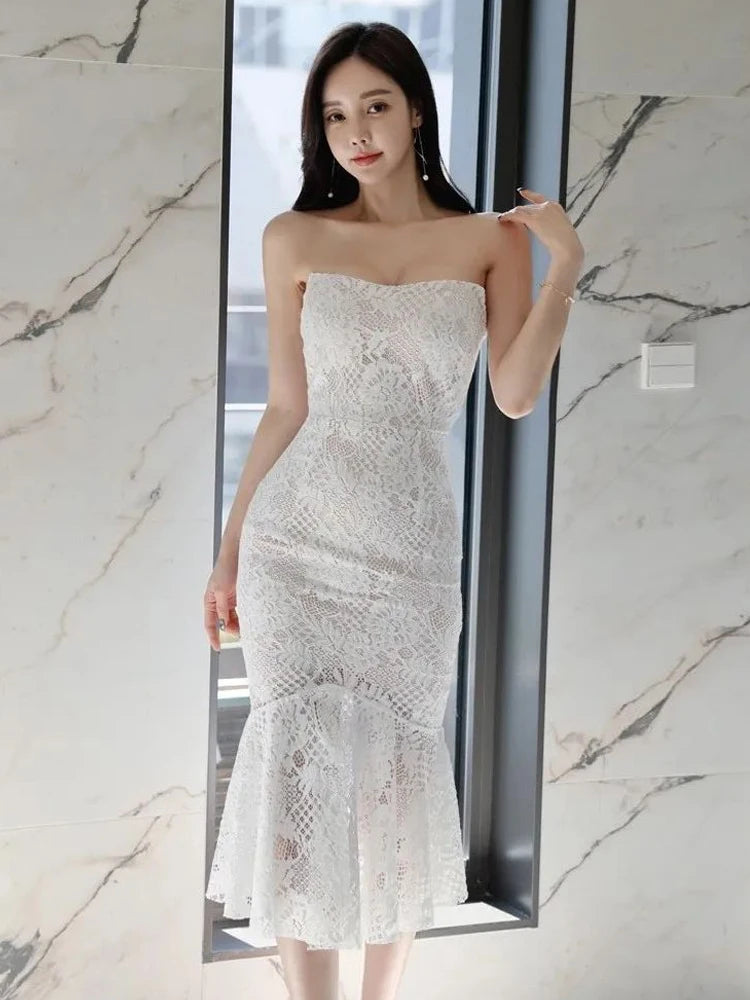 Strapless White Lace Floral Mermaid Cocktail Dress