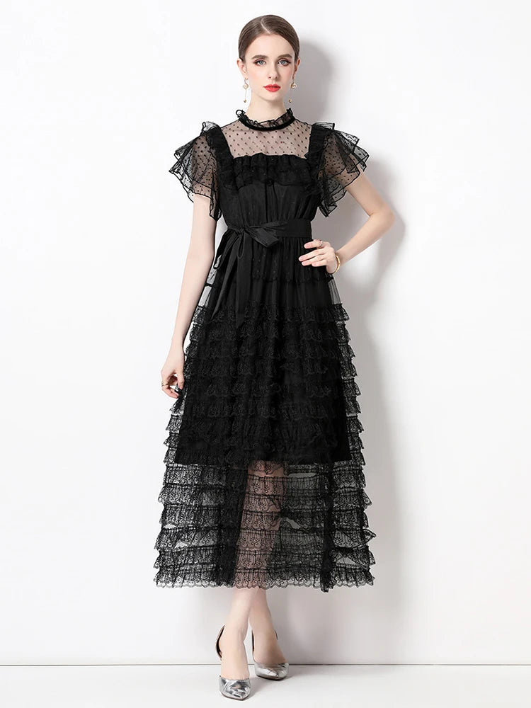 Black Layered Ruffled Dress With Sheer Sleeves on Luulla