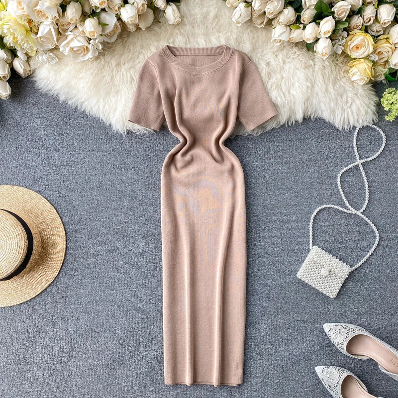 Casual Ribbed Knit Short Sleeve Midi Dress