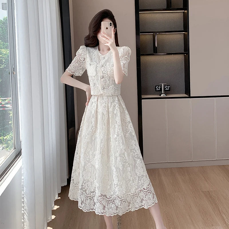 Vintage Floral Lace Short Sleeve Midi Dress