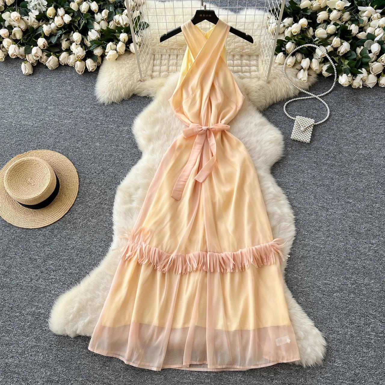 Halter Neck Peach Maxi Dress With