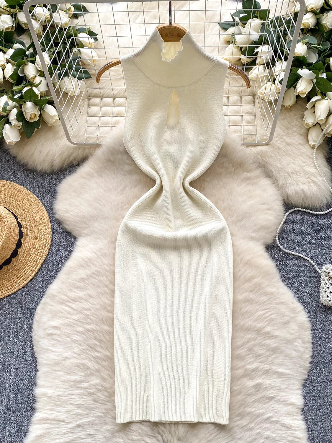 Sleeveless Ribbed Mock Neck Knit Midi Dress