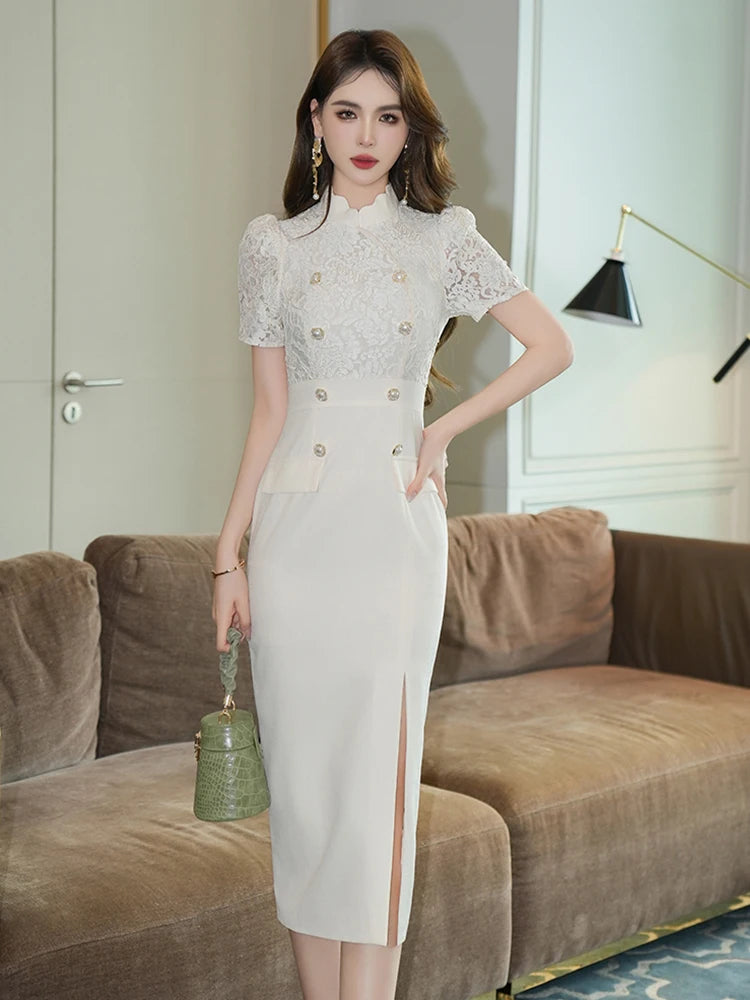 chinese dress ladies Vintage Floral Lapel Lace Collar Midi Dress – Pretty Fashionation main image 1